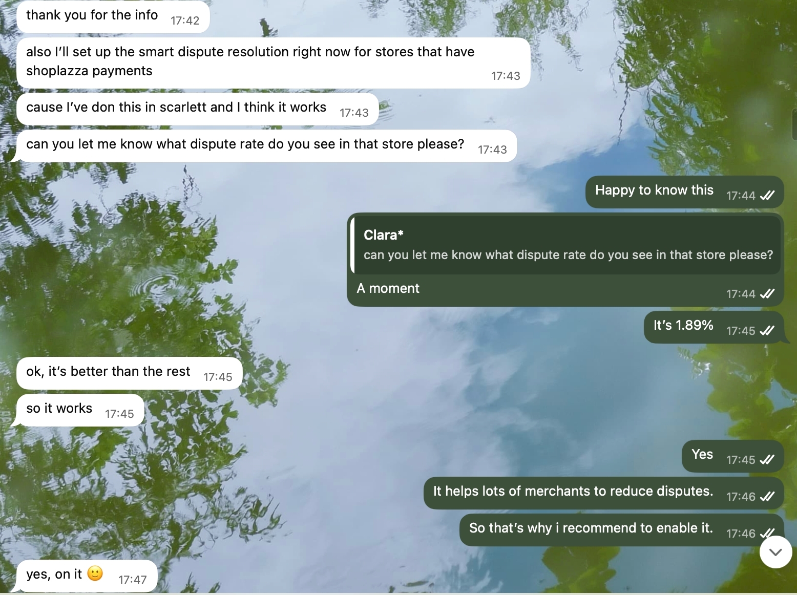 Shoplazza team helping Clara to reduce disputes via Whatsapp