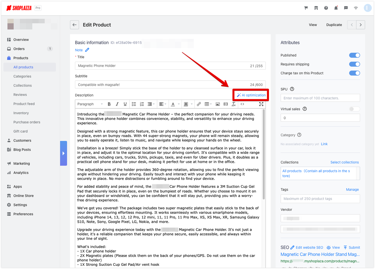 herramienta de optimización de IA para la descripción de productos
