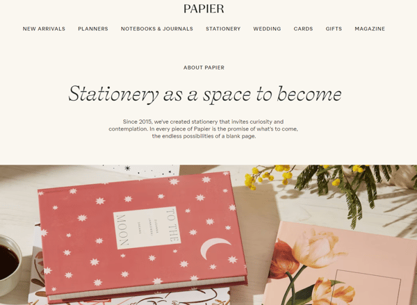 Papier's About page, with the header Stationery as a space to become. This is an example of how to start an online store and create a good About us page.