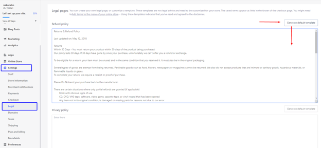 Screen where users can create policies for their store as part of the process how to start an online store.