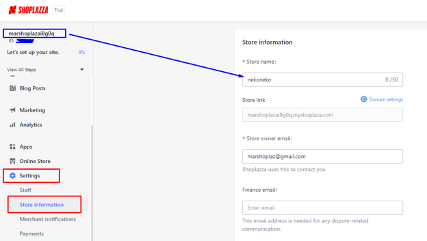 Screenshot shows the section on the website to enter the store information, one of the steps on how to start an online store with Shoplazza.