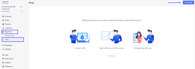 Screen shows how to create a blog as a step of how to start an online store with Shoplazza.