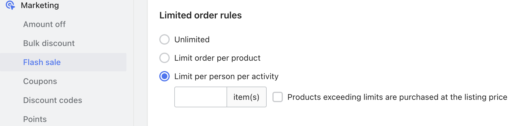Setting Limited Order Rules under Flash Sale