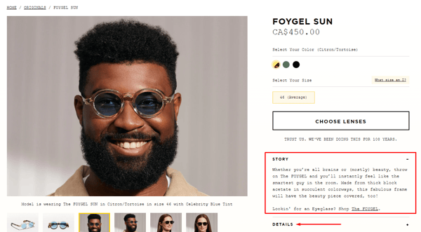 Screenshot shows Moscot's product page as an example of how to start an online store and create a product page.