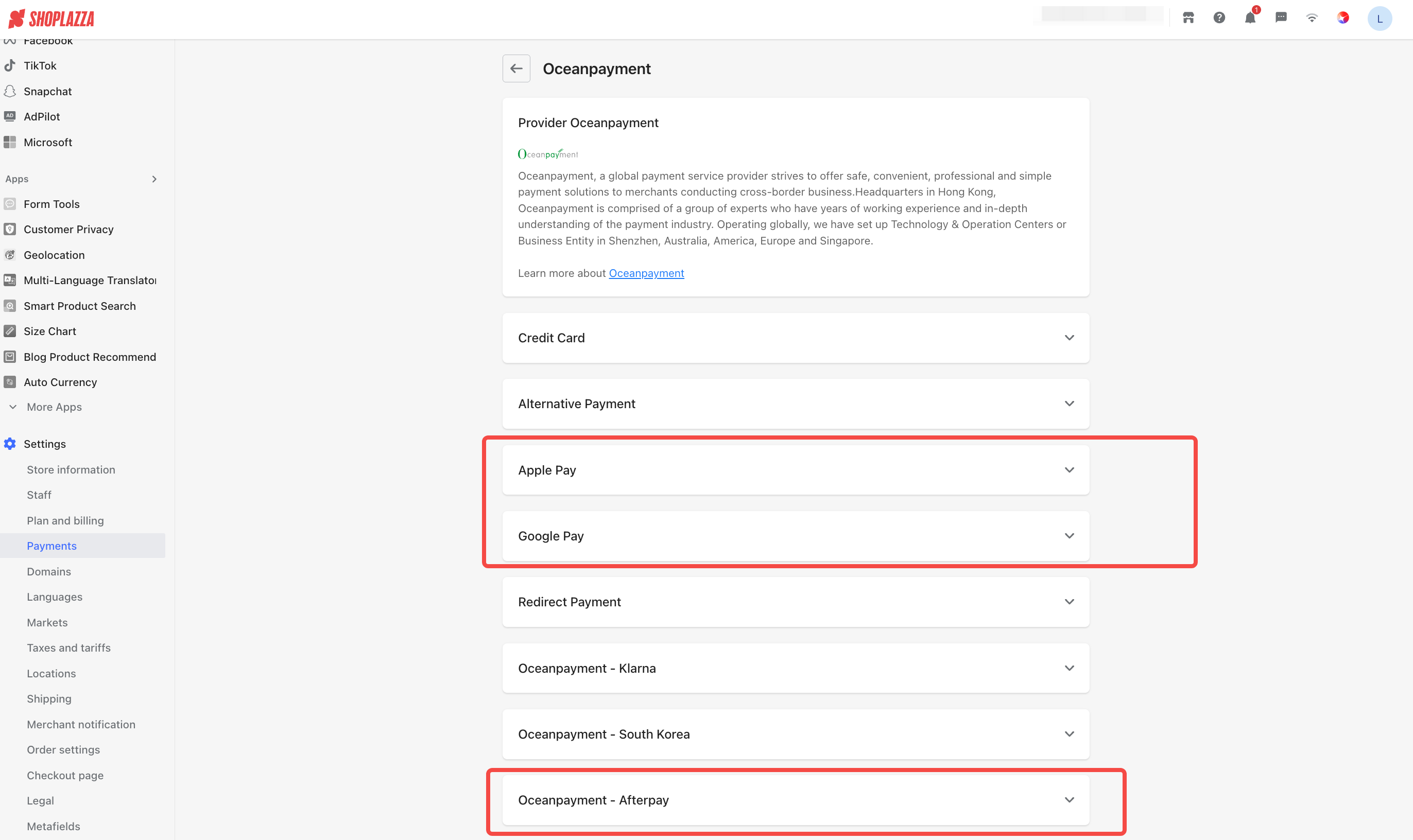 Oceanpayment payment solution in Shoplazza admin