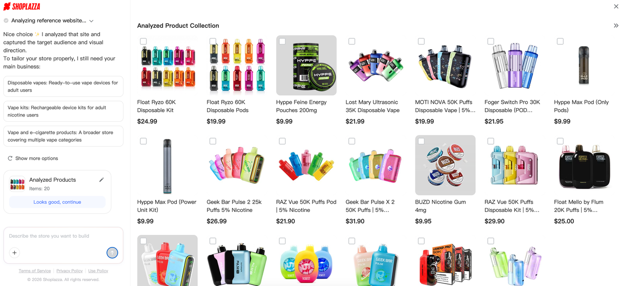 Shoplazza AI reads 20 vape products from your URL
