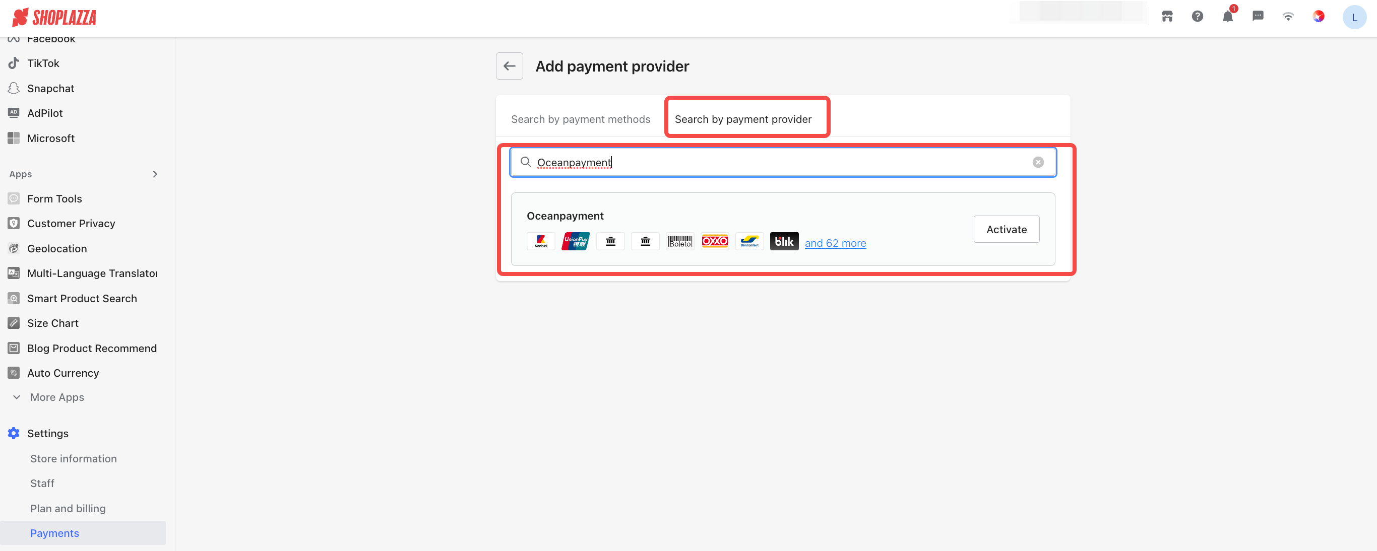 Shoplazza Admin-add payment provider