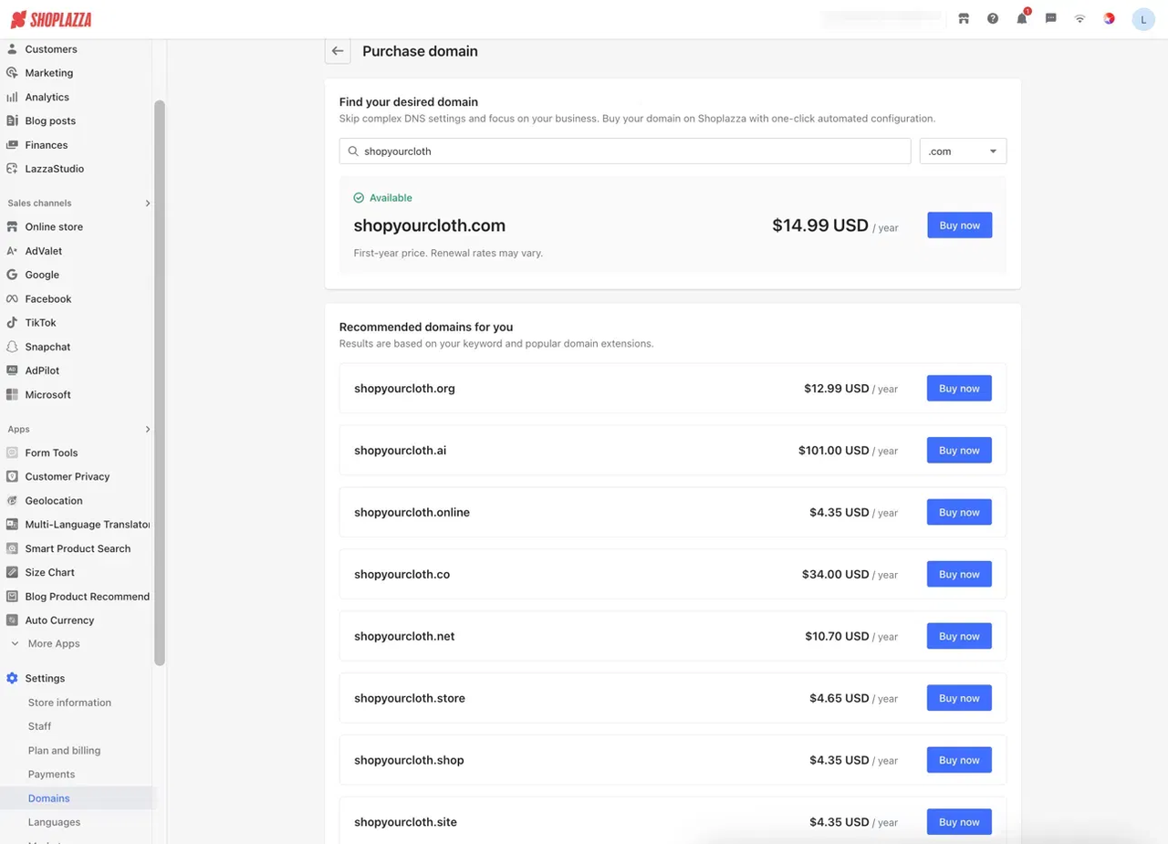 Shoplazza Domain