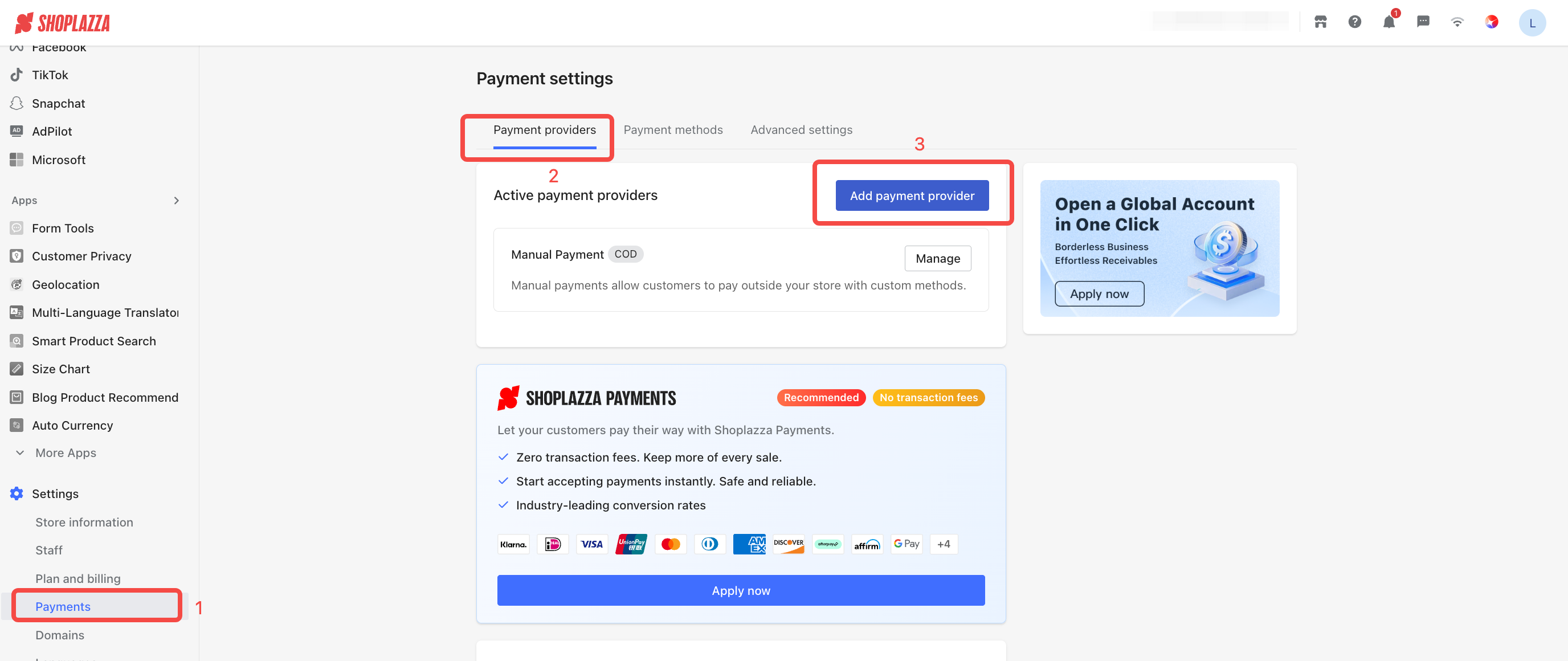 Shoplazza admin-Payments