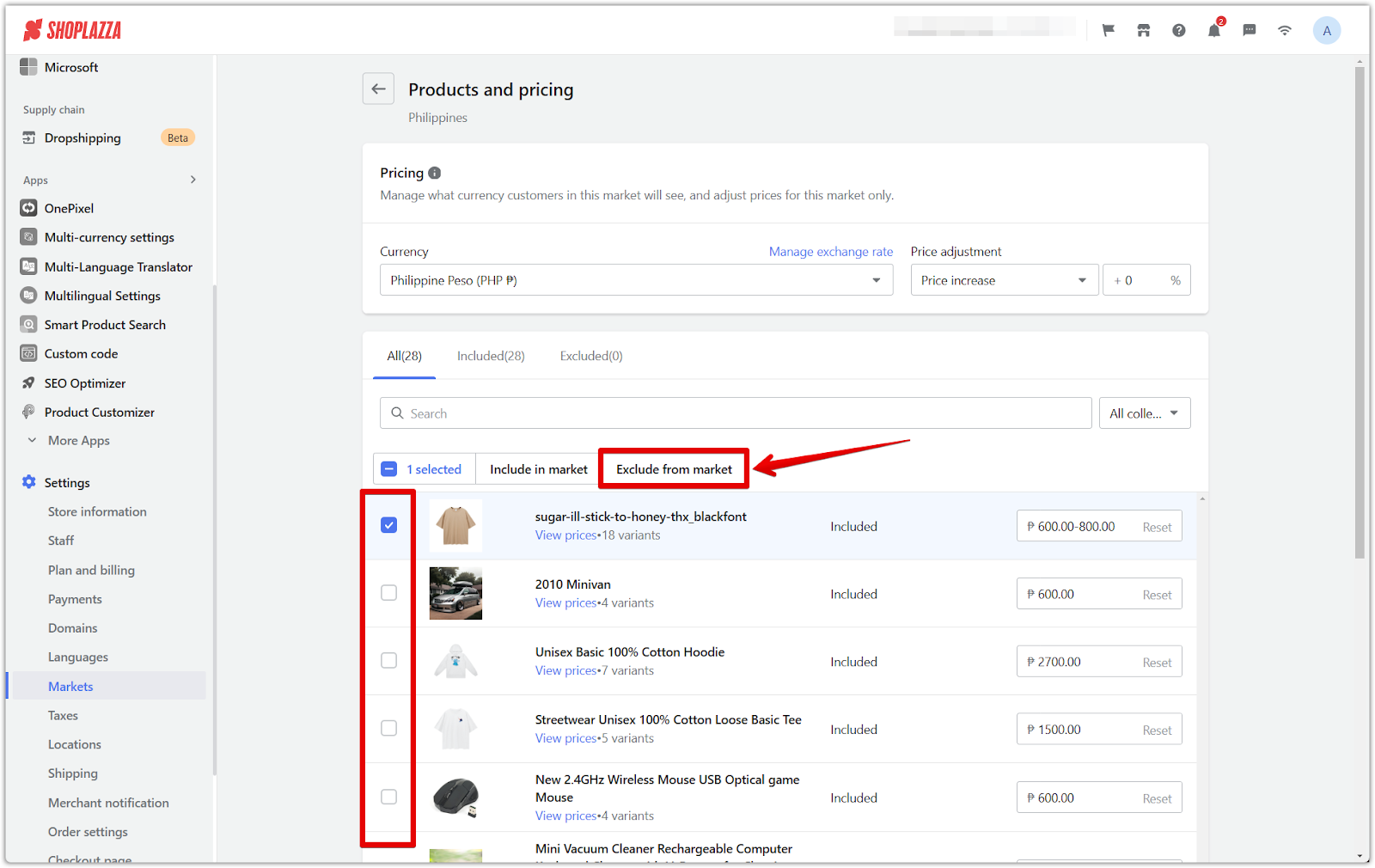 Shoplazza allows seller to control product visibility by market