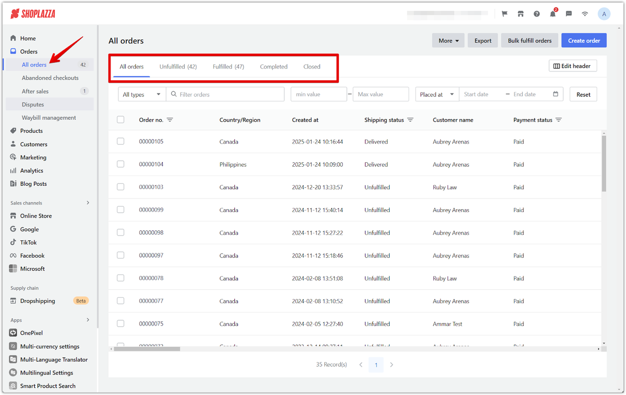 Shoplazza order tracking and updates
