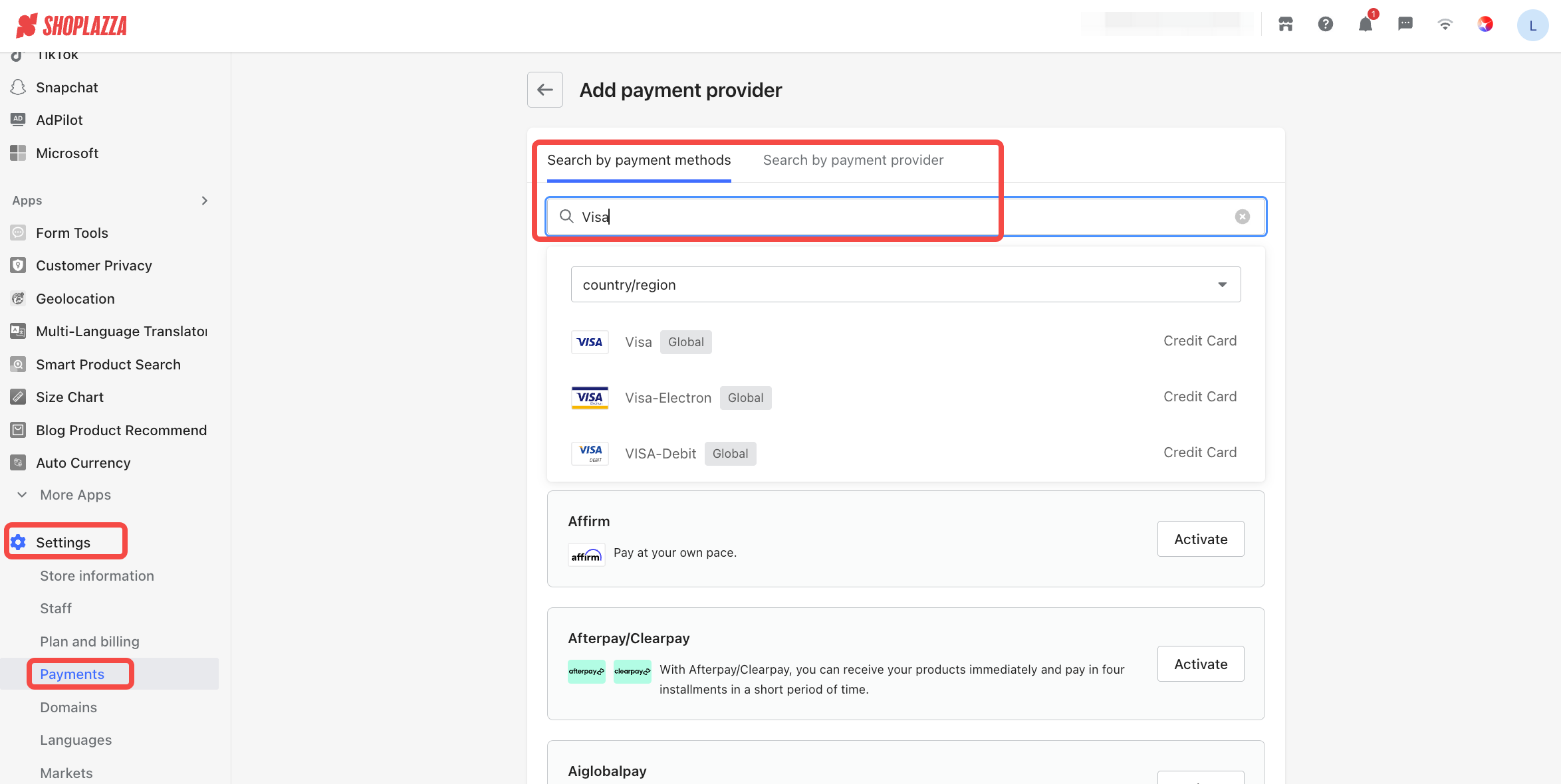 Shoplazza supports Visa and Mastercard payments