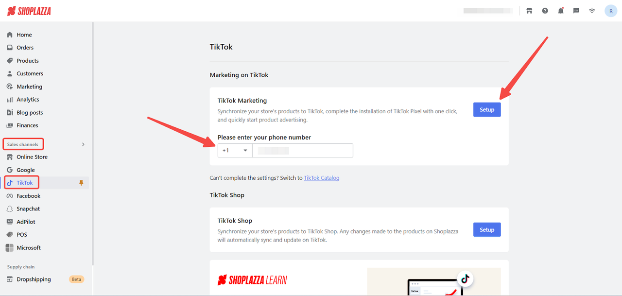 TikTok marketing on Shoplazza dashboard