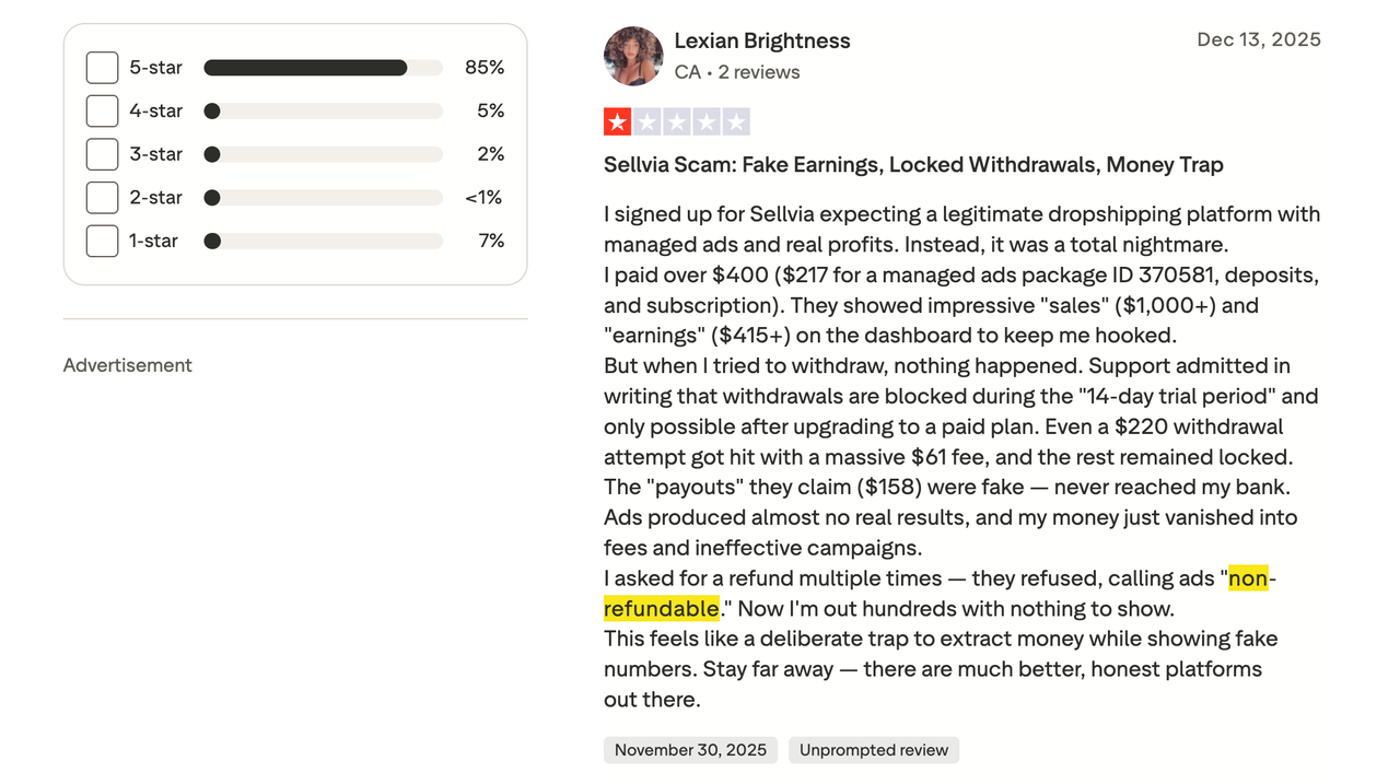 Trustpilot review of Sellvia