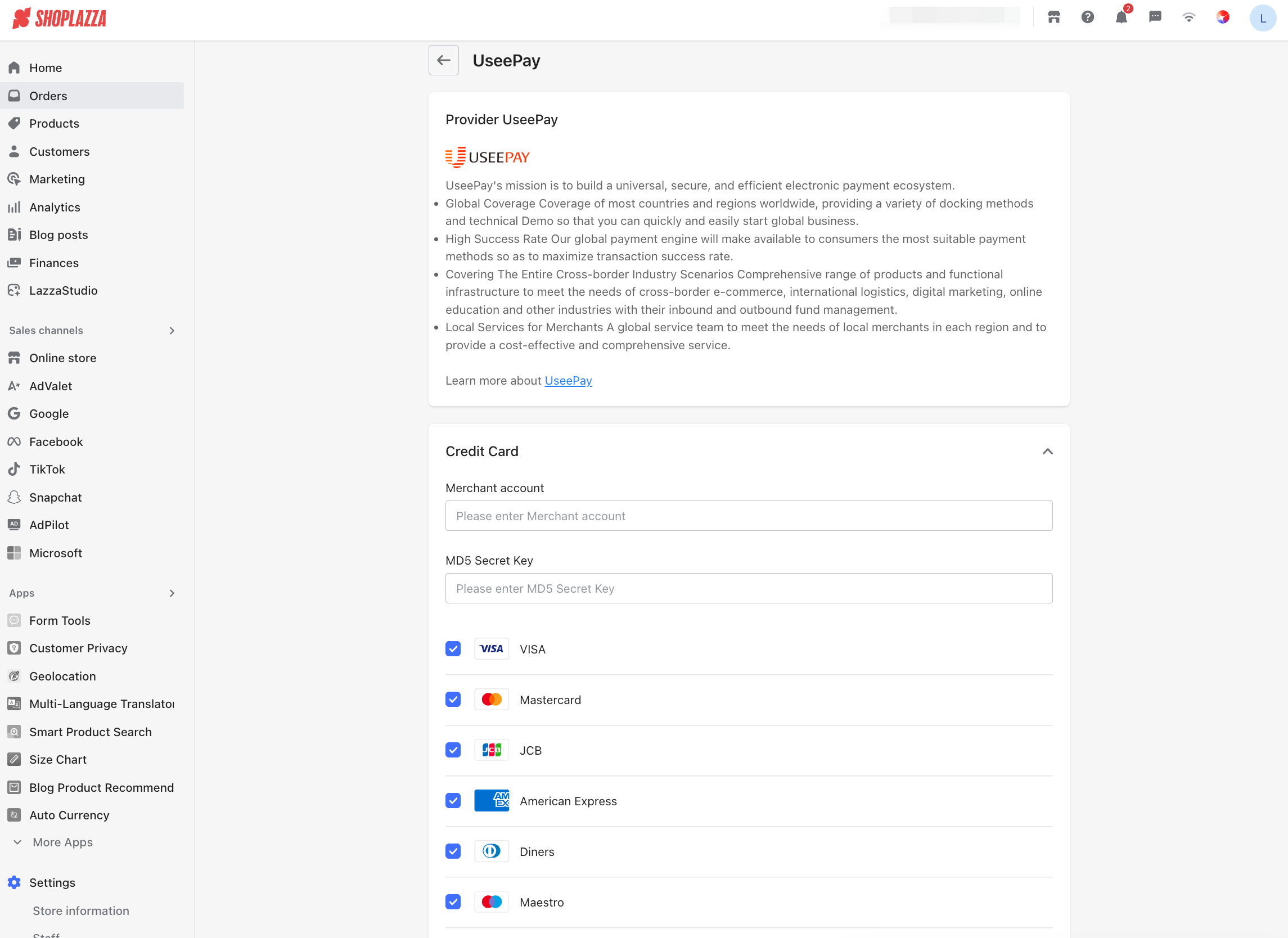 UseePay supports payment methods