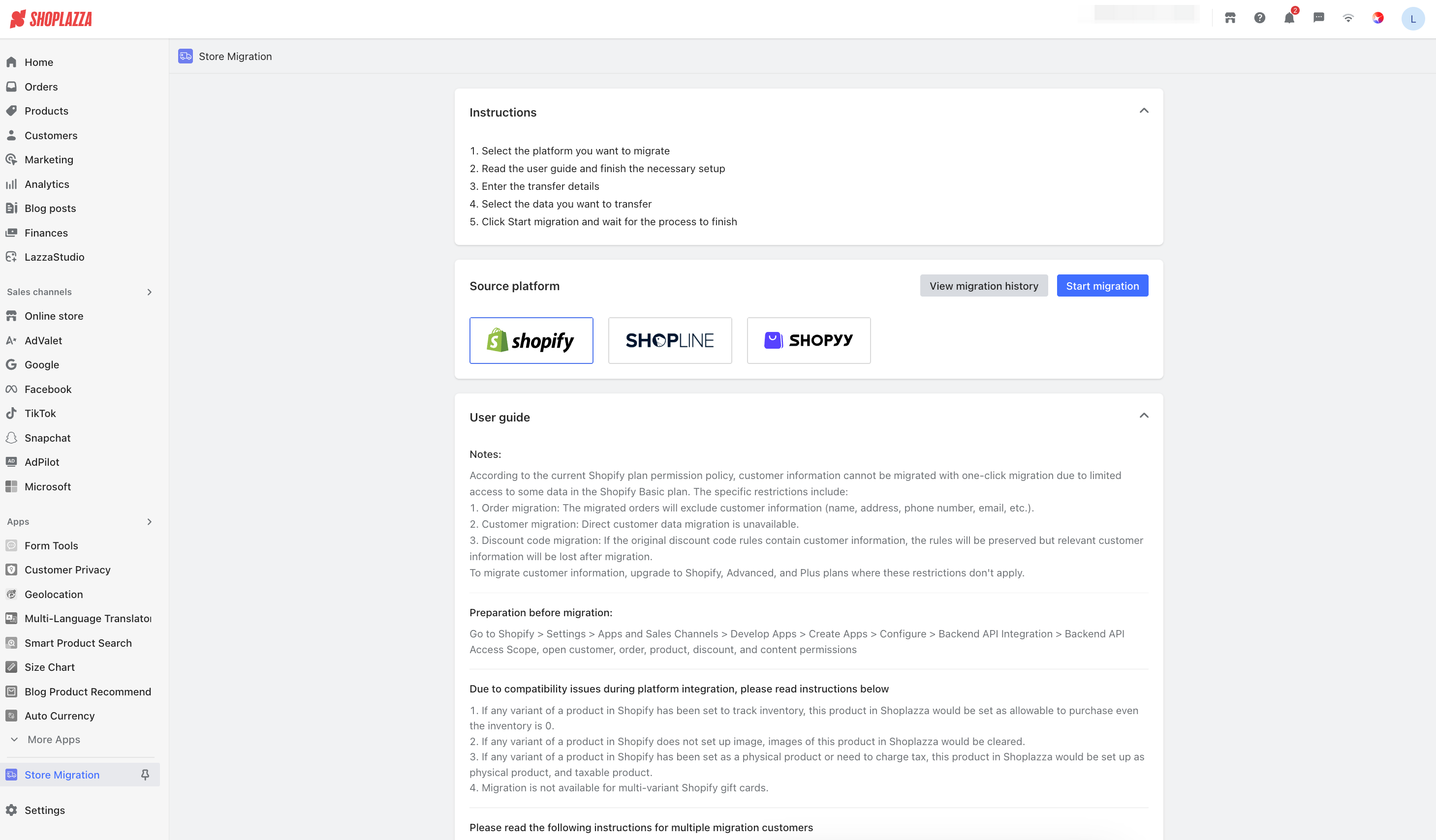 choose Shopify as source platform