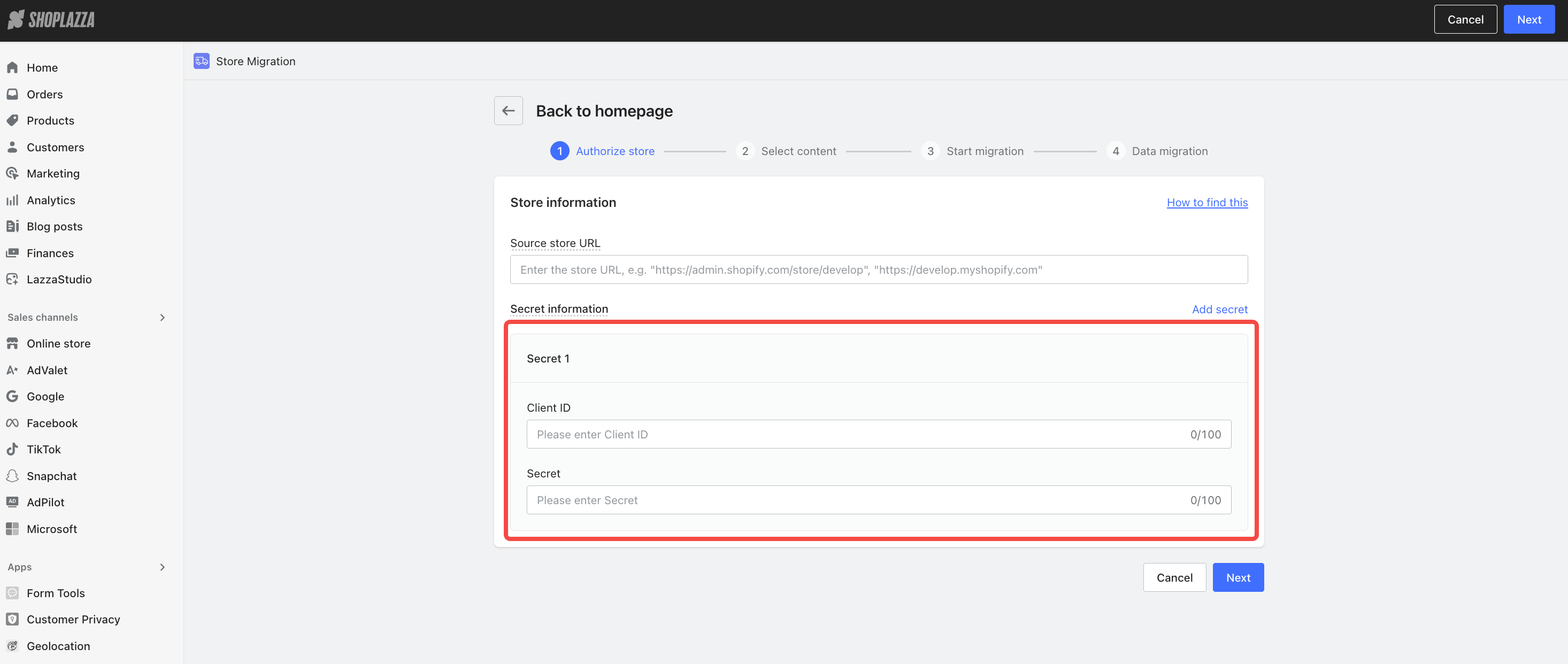 enter client id and client secret