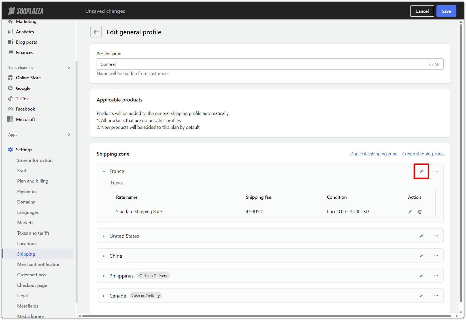 allgemeine Versandpläne